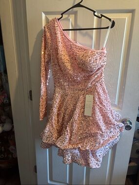 Pink sparkle one sleeve dress